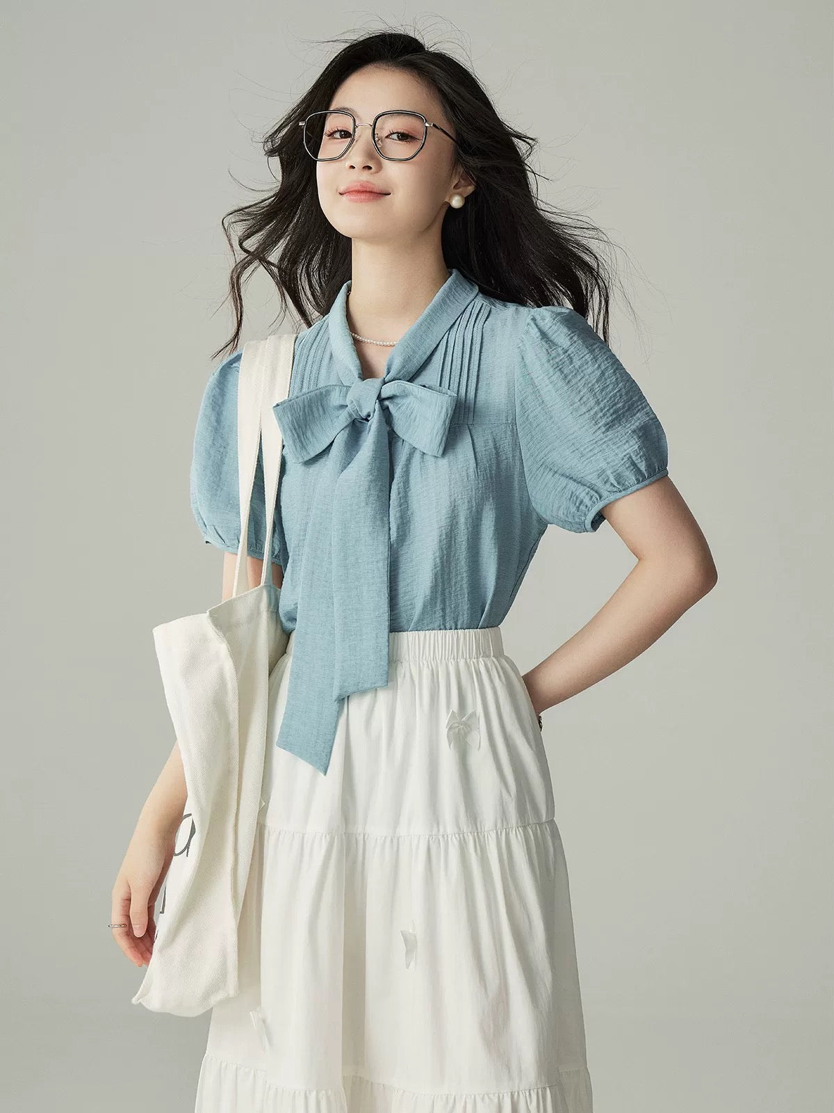Yakejia Tencel mixed linen shirt V-neck white French retro shirt bow tie short-sleeved top female summer