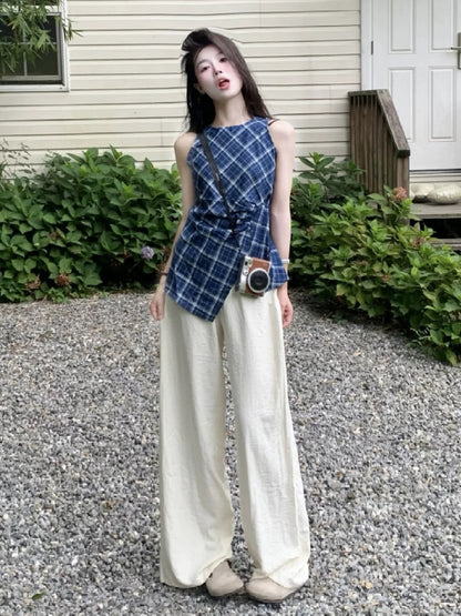 Fashionable summer two-piece suit for street style, irregular slit vest top, casual wide-leg pants, unique and chic suit for women