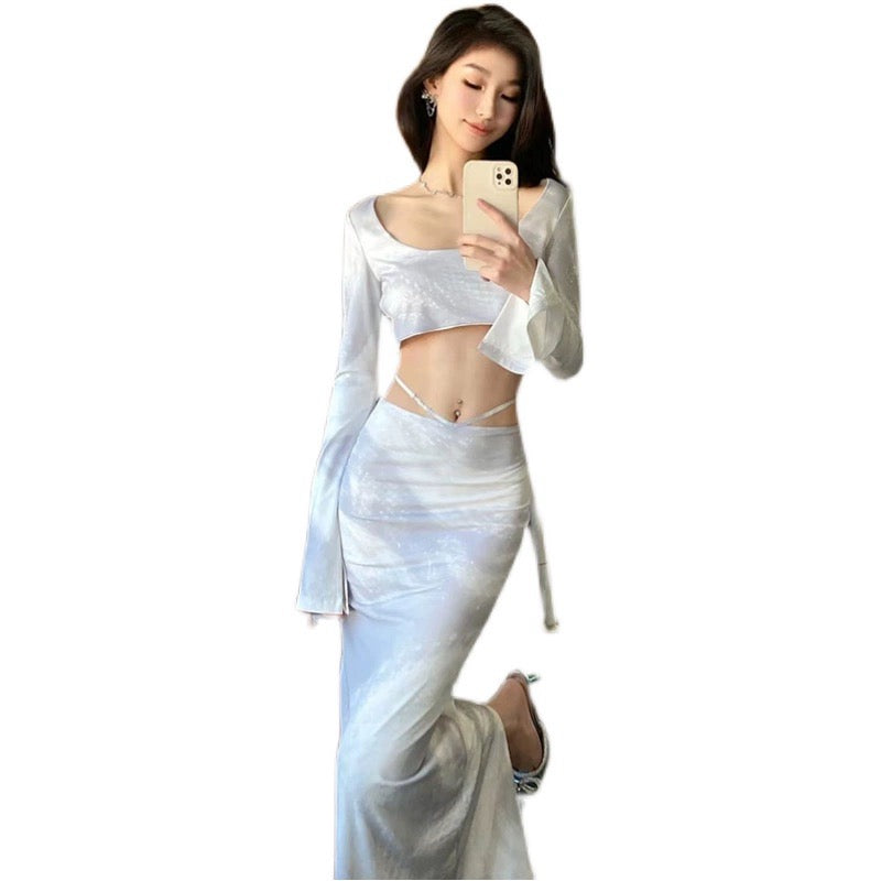 Summer new model Yujie short waistless top Internet celebrity fashion stretch mesh snake pattern slit skirt suit for women