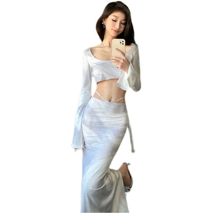 Summer new model Yujie short waistless top Internet celebrity fashion stretch mesh snake pattern slit skirt suit for women