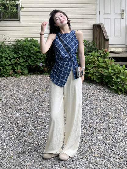 Fashionable summer two-piece suit for street style, irregular slit vest top, casual wide-leg pants, unique and chic suit for women