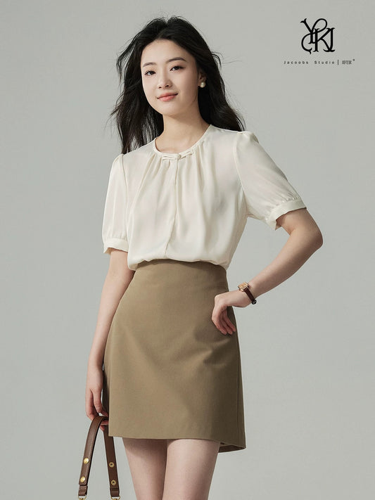 Ya Kejia cream yellow new Chinese style short-sleeved shirt female summer design pleated retro Chinese style buttoned top