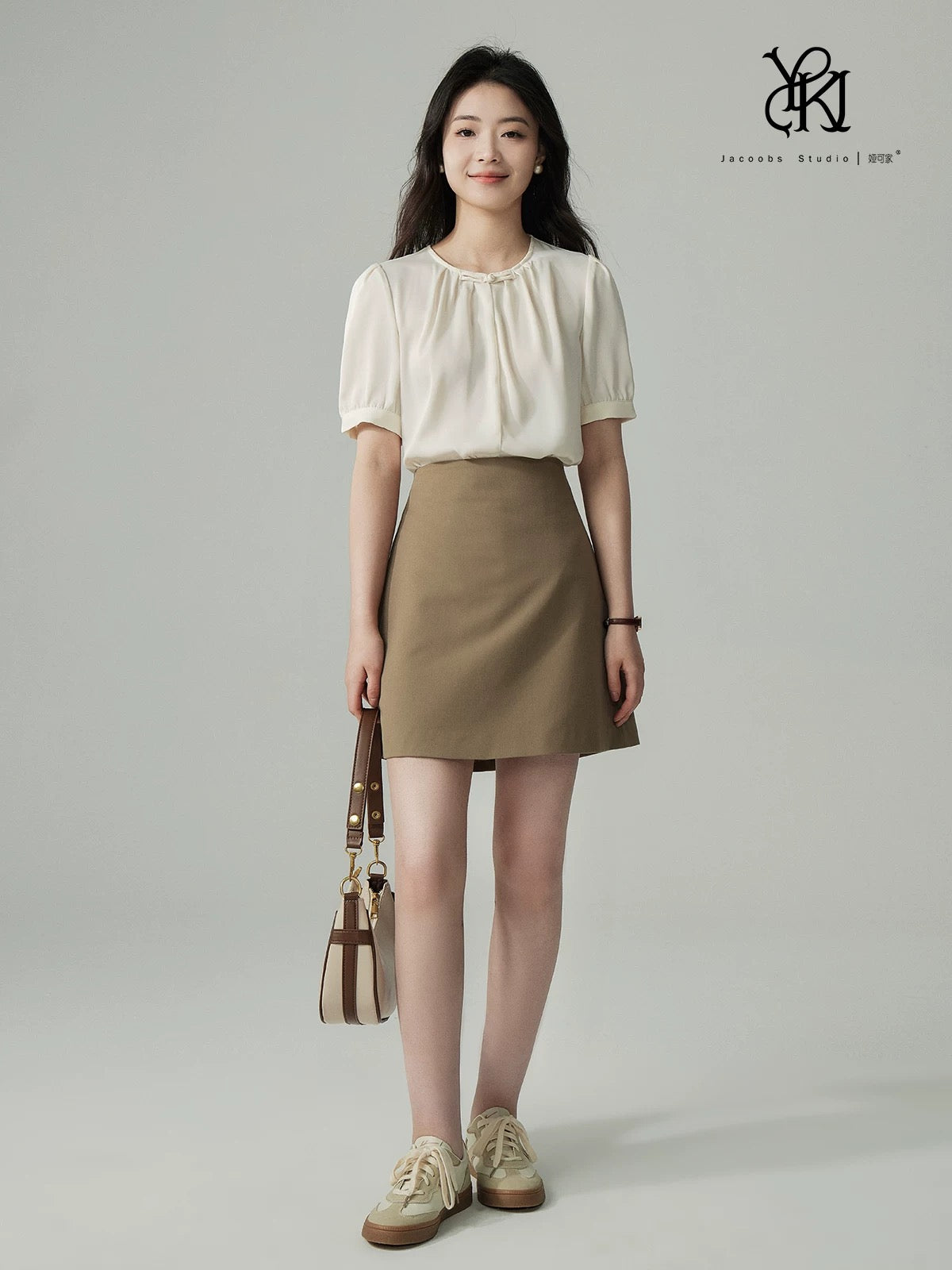 Ya Kejia cream yellow new Chinese style short-sleeved shirt female summer design pleated retro Chinese style buttoned top