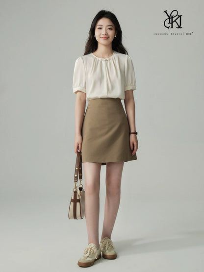 Ya Kejia cream yellow new Chinese style short-sleeved shirt female summer design pleated retro Chinese style buttoned top