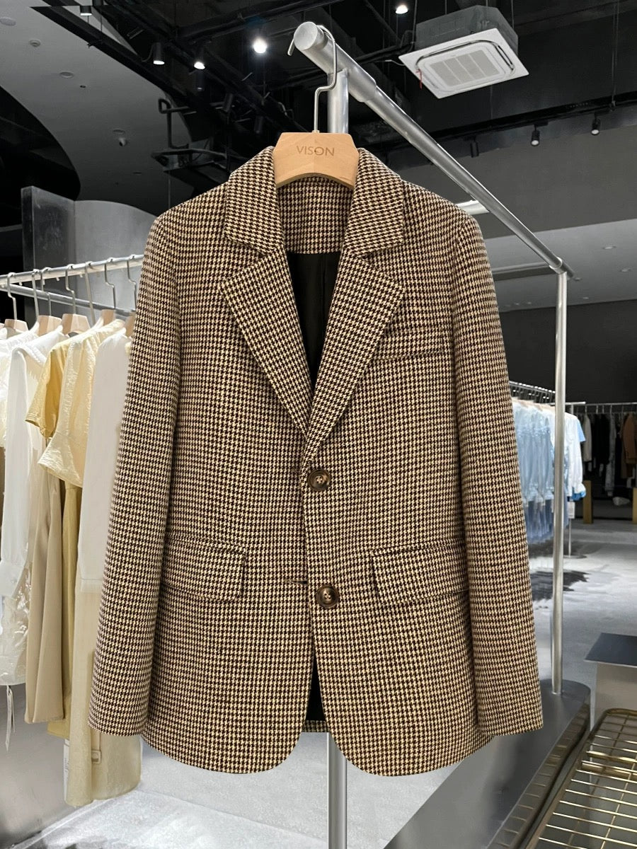 Houndstooth woolen suit jacket for women 2024 new style winter high-end college style fashionable all-match tops suits