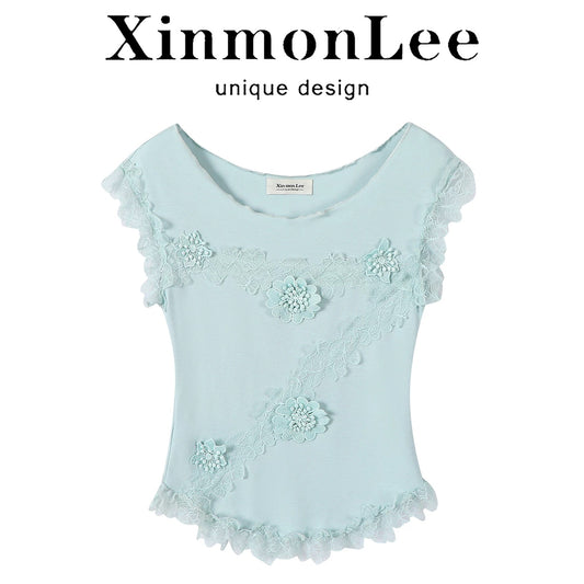 XinmonLee Korean summer three-dimensional embroidery unique one-shoulder T-shirt temperament slim sweet lace splicing female
