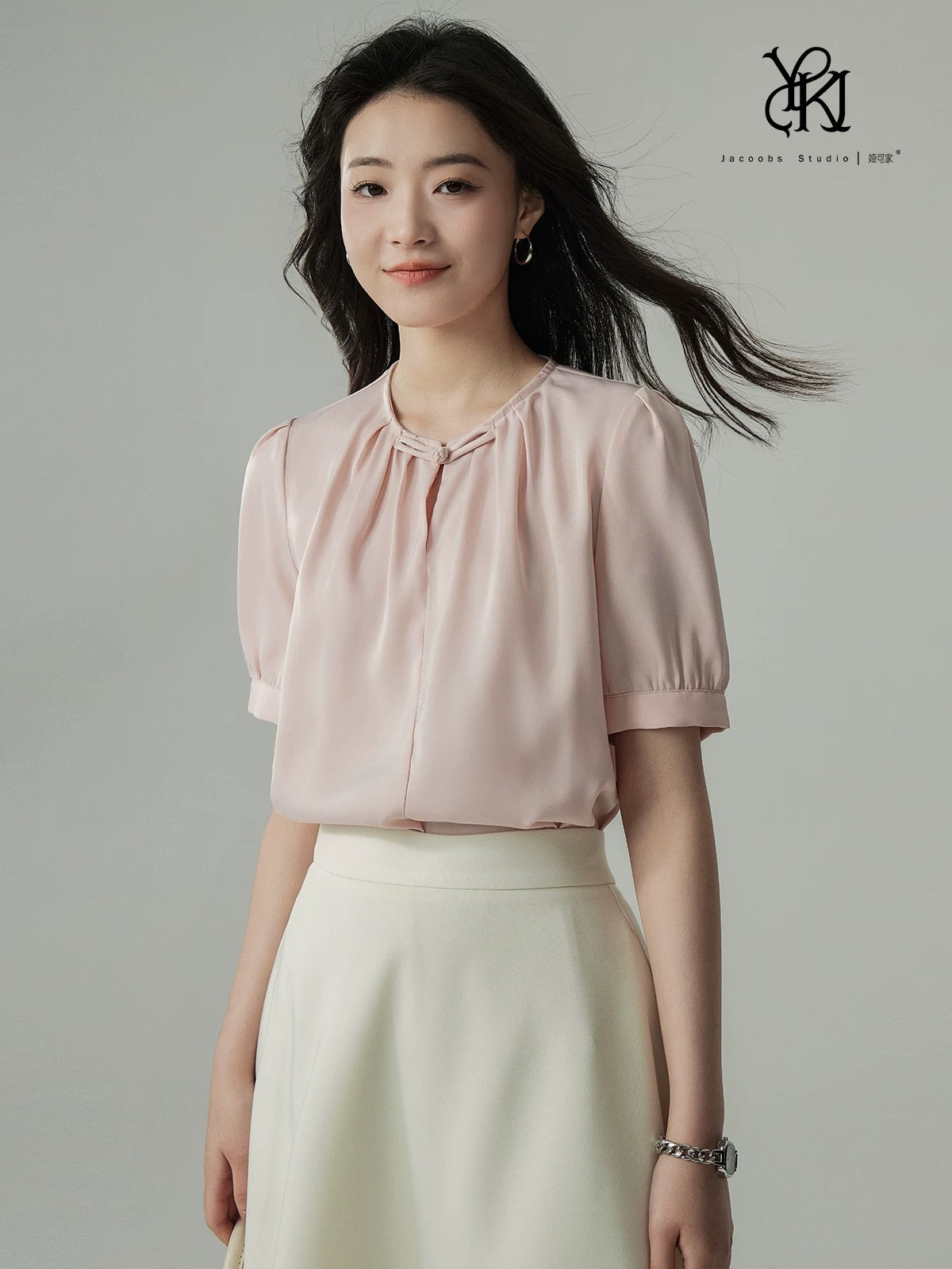 Ya Kejia cream yellow new Chinese style short-sleeved shirt female summer design pleated retro Chinese style buttoned top