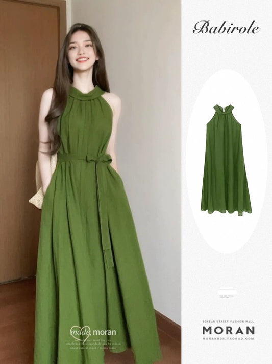 French tea break retro green halterneck dress white sleeveless vest long skirt temperament waist slimming summer