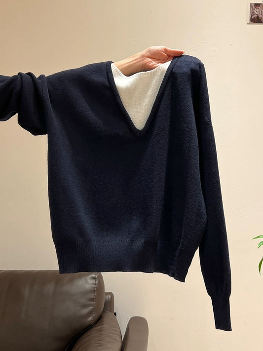 Navy blue V-neck sweater outer wear fake two-piece long-sleeved knitted autumn and winter women's loose lazy bottoming shirt inner top