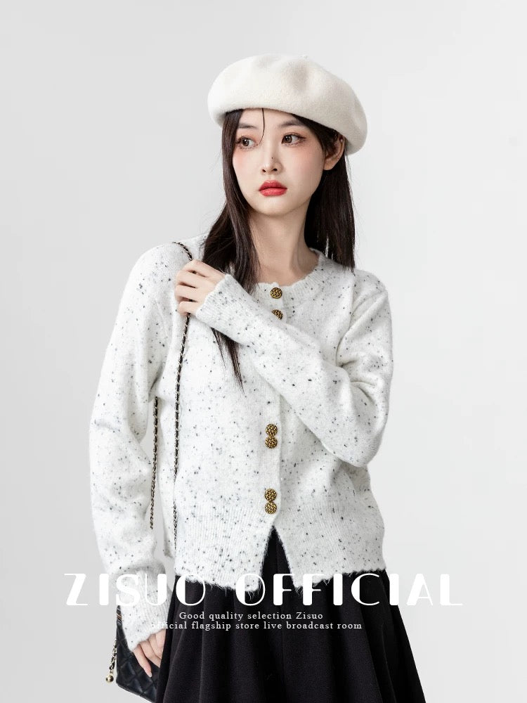 Grey short knitted cardigan for women, spring and autumn 2026 new style, polka dot yarn, Korean style, round neck sweater, long sleeve top