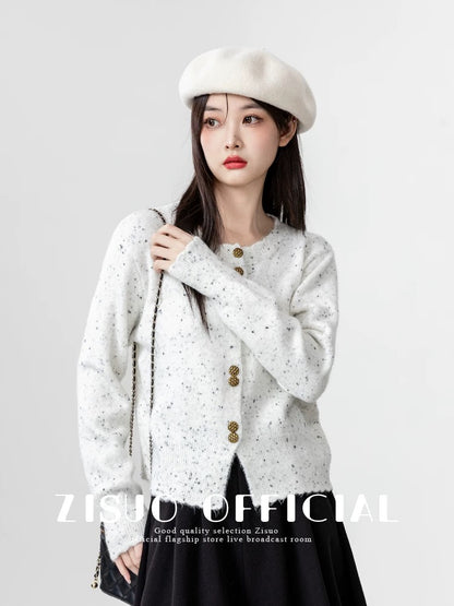 Grey short knitted cardigan for women, spring and autumn 2026 new style, polka dot yarn, Korean style, round neck sweater, long sleeve top
