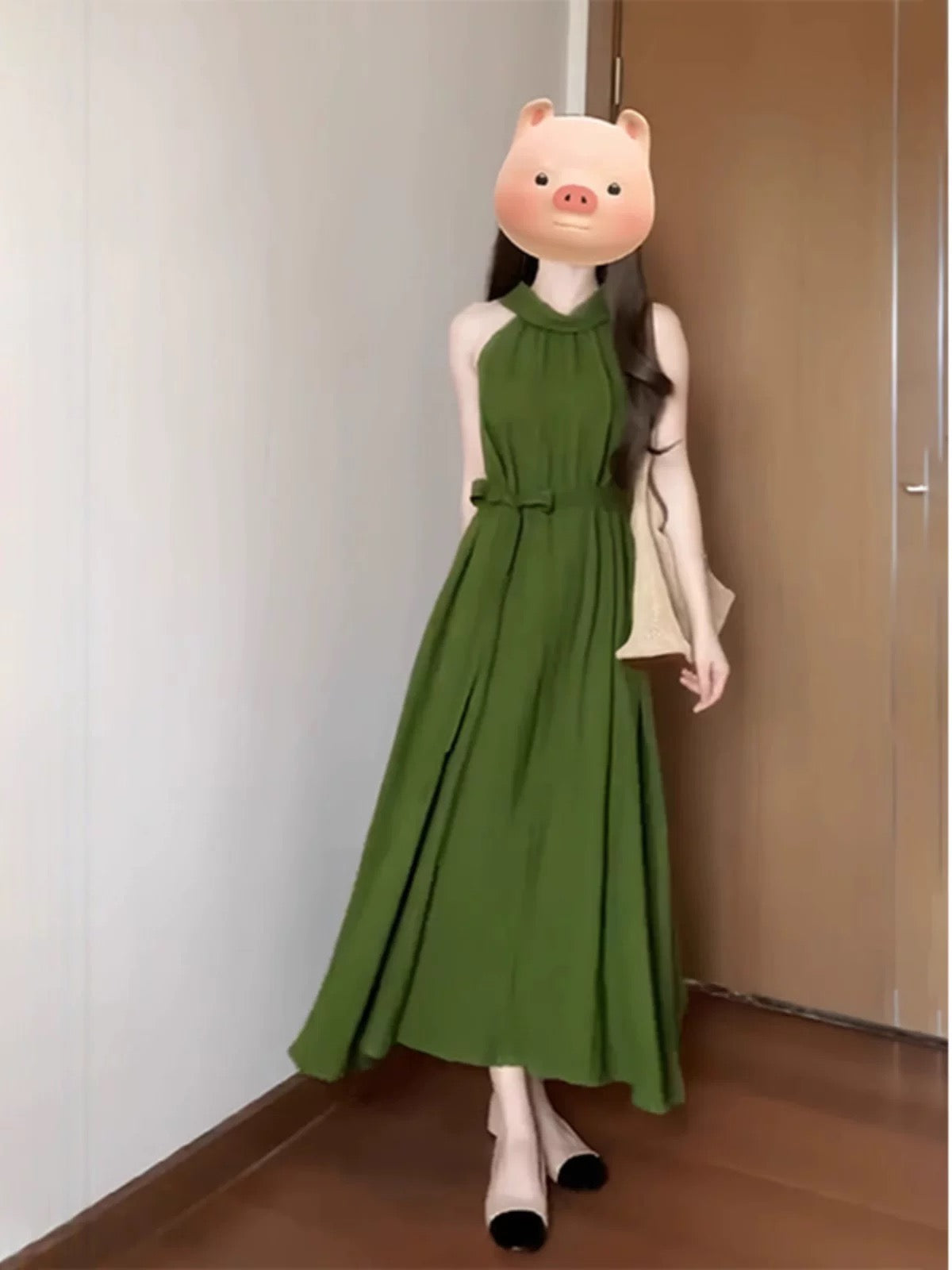 French tea break retro green halterneck dress white sleeveless vest long skirt temperament waist slimming summer