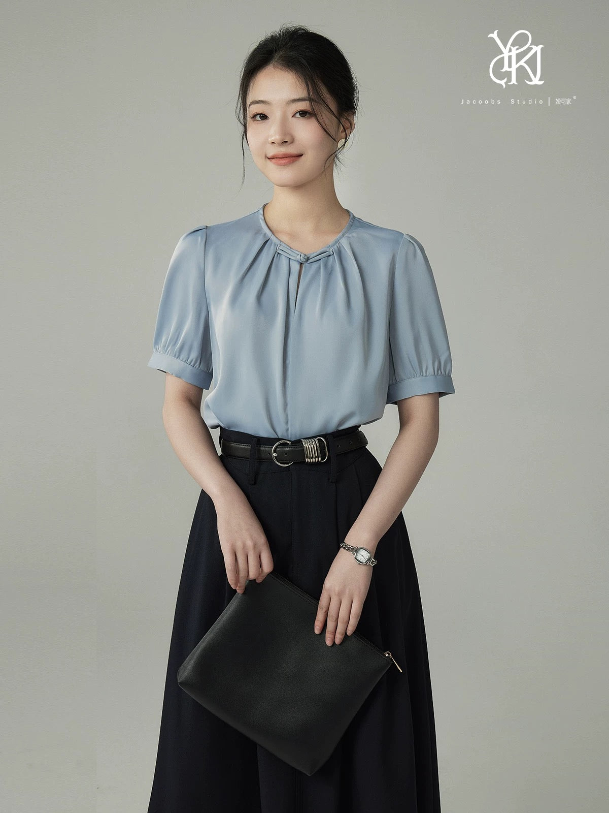 Ya Kejia cream yellow new Chinese style short-sleeved shirt female summer design pleated retro Chinese style buttoned top