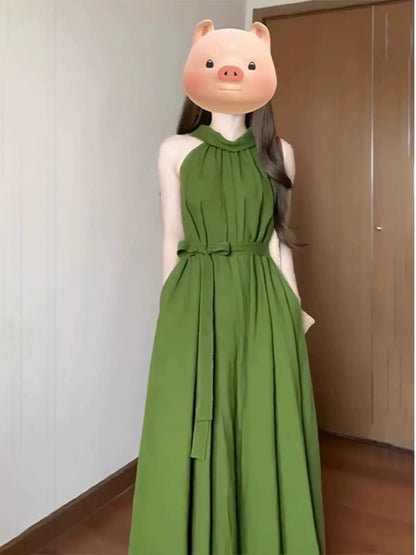 French tea break retro green halterneck dress white sleeveless vest long skirt temperament waist slimming summer