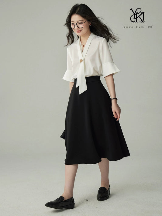 JACOOBS white ribbon shirt female satin interview top design niche light mature Hong Kong style commuting wear
