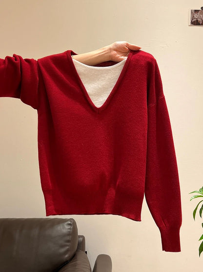 Navy blue V-neck sweater outer wear fake two-piece long-sleeved knitted autumn and winter women's loose lazy bottoming shirt inner top
