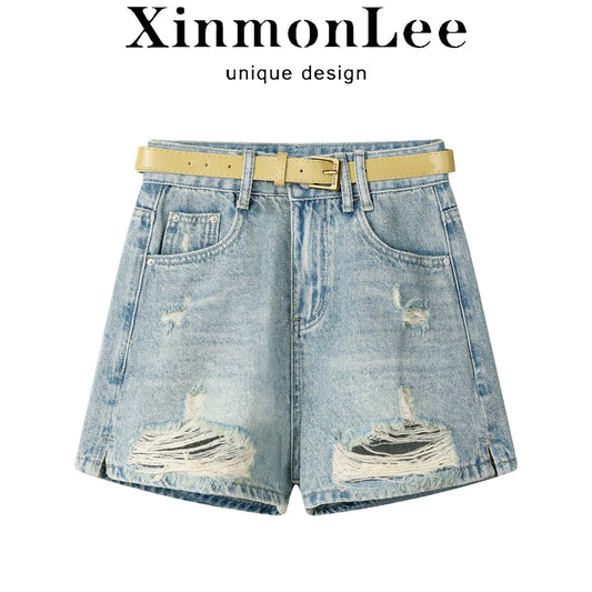 XinmonLee high-grade light blue distressed retro ripped jeans summer hot girl slim casual shorts for women