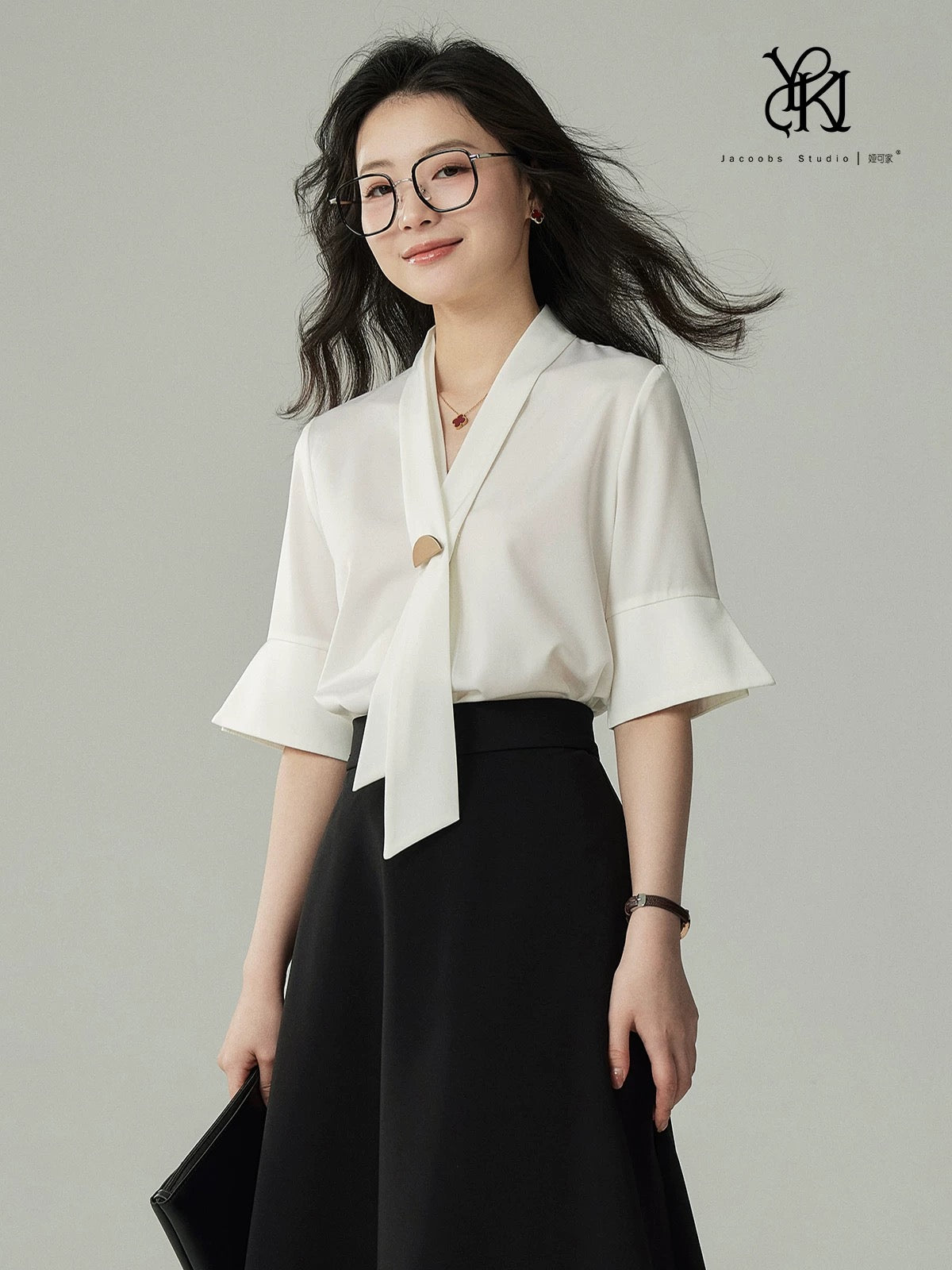 JACOOBS white ribbon shirt female satin interview top design niche light mature Hong Kong style commuting wear