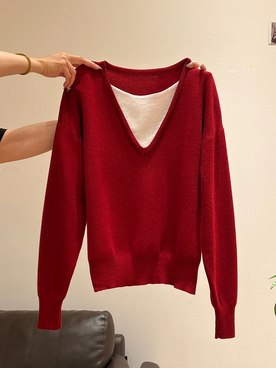 Navy blue V-neck sweater outer wear fake two-piece long-sleeved knitted autumn and winter women's loose lazy bottoming shirt inner top