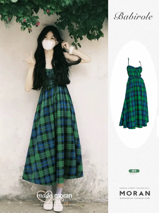 French green plaid suspender dress niche design seaside resort style slimming temperament long skirt for women summer