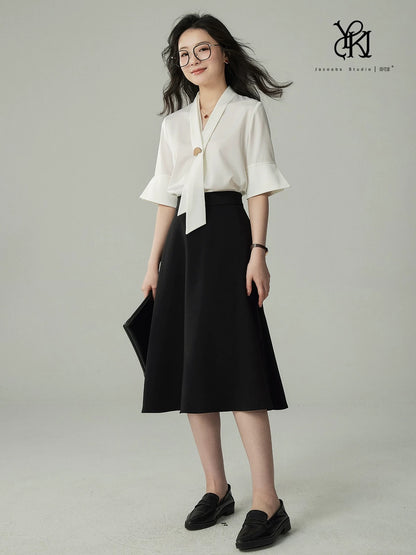 JACOOBS white ribbon shirt female satin interview top design niche light mature Hong Kong style commuting wear