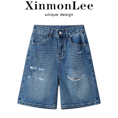 XinmonLee nostalgic retro ripped jeans summer Hong Kong style casual high waist slim all-match shorts women