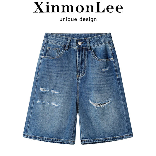 XinmonLee nostalgic retro ripped jeans summer Hong Kong style casual high waist slim all-match shorts women