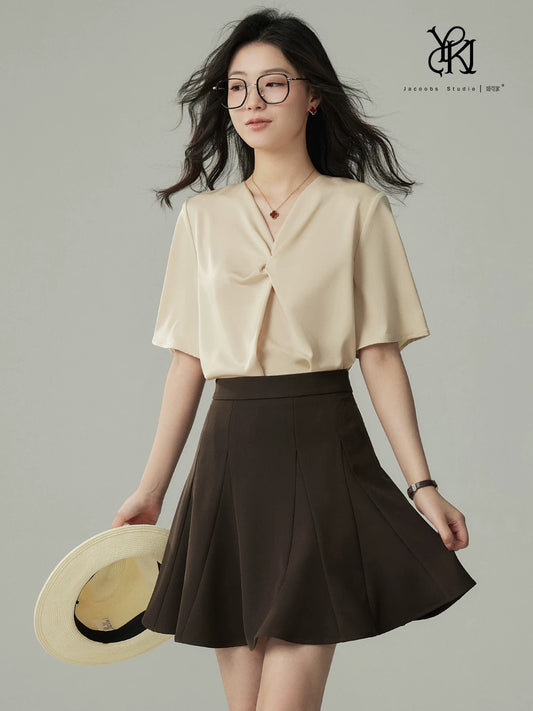 JACOOBS apricot satin T-shirt for women in summer, short sleeves, design, twisted, versatile, small size, loose V-neck, Hong Kong style