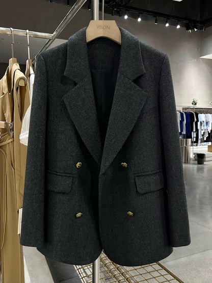 Dark grey twill Korean style slim woolen suit jacket for women 2024 new autumn and winter high-end internet celebrity small suit