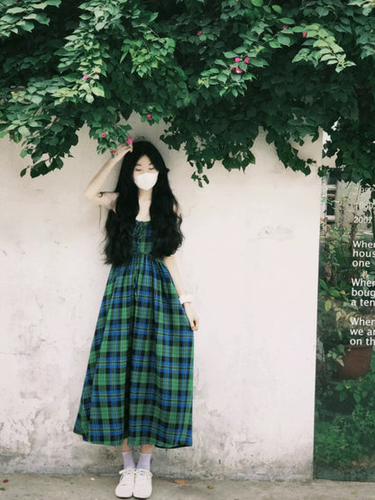 French green plaid suspender dress niche design seaside resort style slimming temperament long skirt for women summer