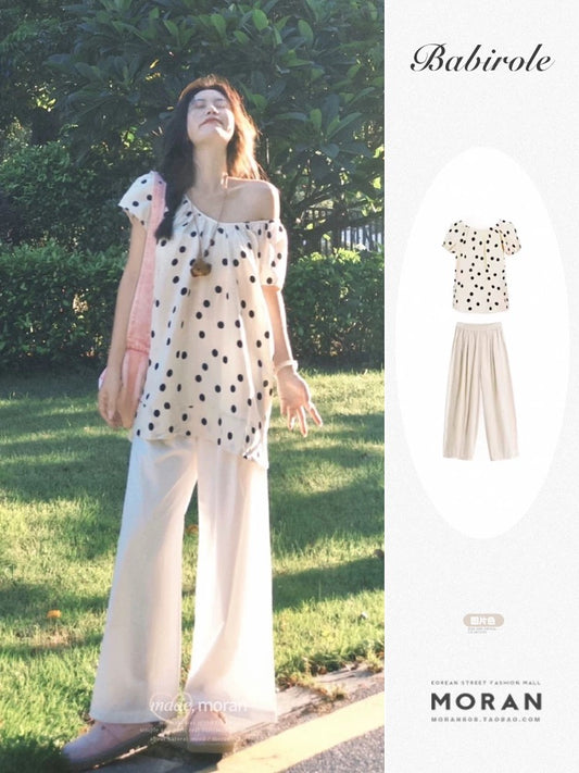 Salt style two-piece suit with stylish design and niche polka dot sleeveless vest top small shirt wide leg pants for summer women