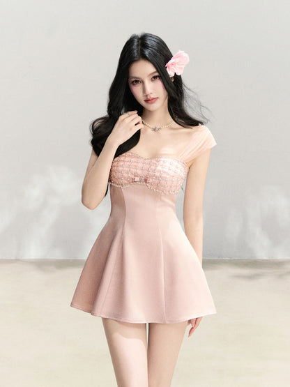 Mejiu [Sweet Love Flower Pavilion] Sexy Heiress Style Bow Dress Women's Spring/Summer High-End A-line Skirt