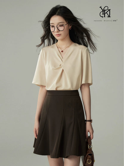 JACOOBS apricot satin T-shirt for women in summer, short sleeves, design, twisted, versatile, small size, loose V-neck, Hong Kong style