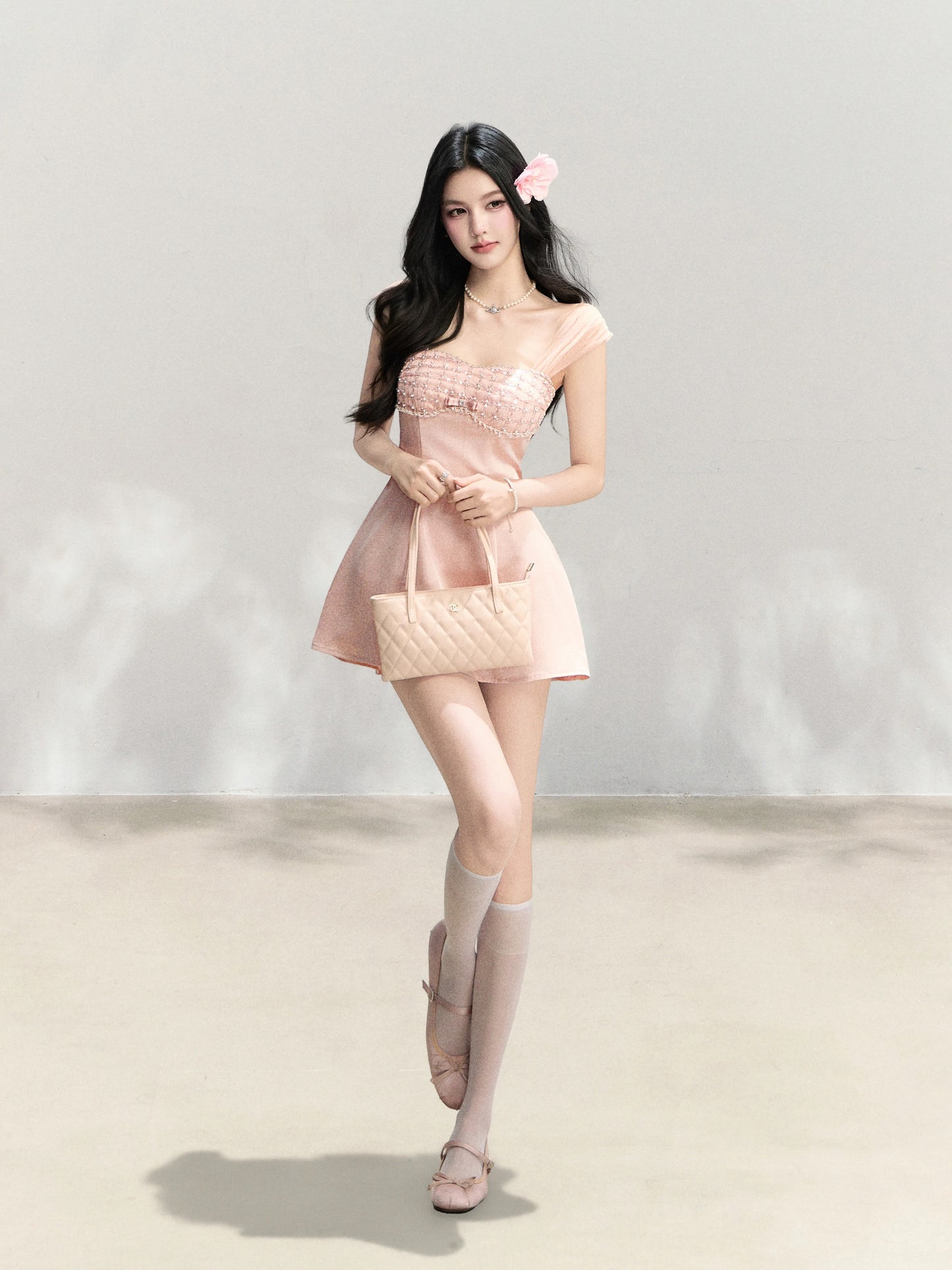 Mejiu [Sweet Love Flower Pavilion] Sexy Heiress Style Bow Dress Women's Spring/Summer High-End A-line Skirt