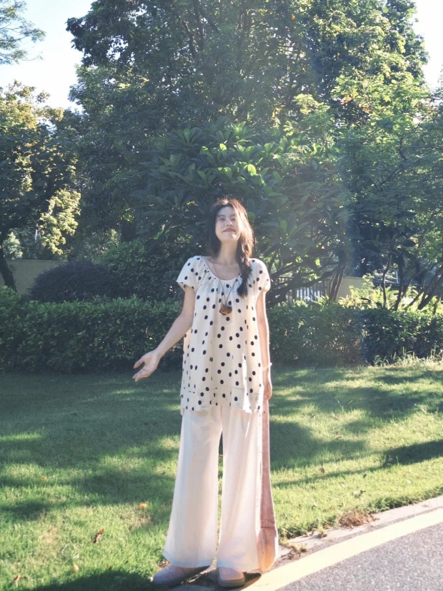 Salt style two-piece suit with stylish design and niche polka dot sleeveless vest top small shirt wide leg pants for summer women
