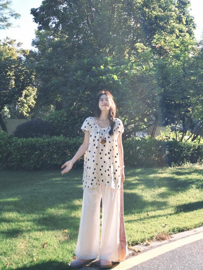 Salt style two-piece suit with stylish design and niche polka dot sleeveless vest top small shirt wide leg pants for summer women