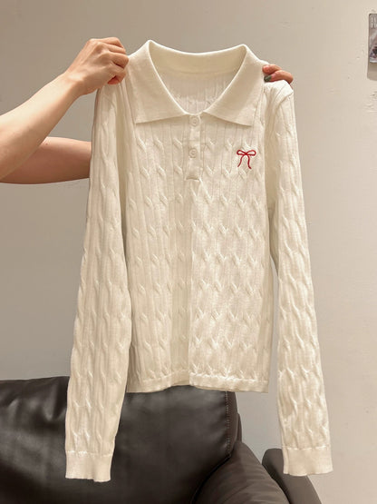 White polo collar bow embroidered long-sleeved sweater for women 2025 early autumn new button design inner top