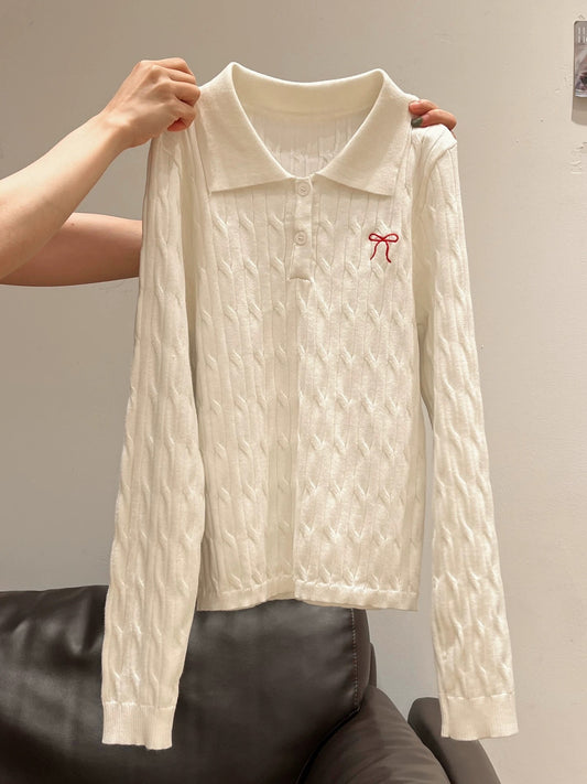 White polo collar bow embroidered long-sleeved sweater for women 2025 early autumn new button design inner top