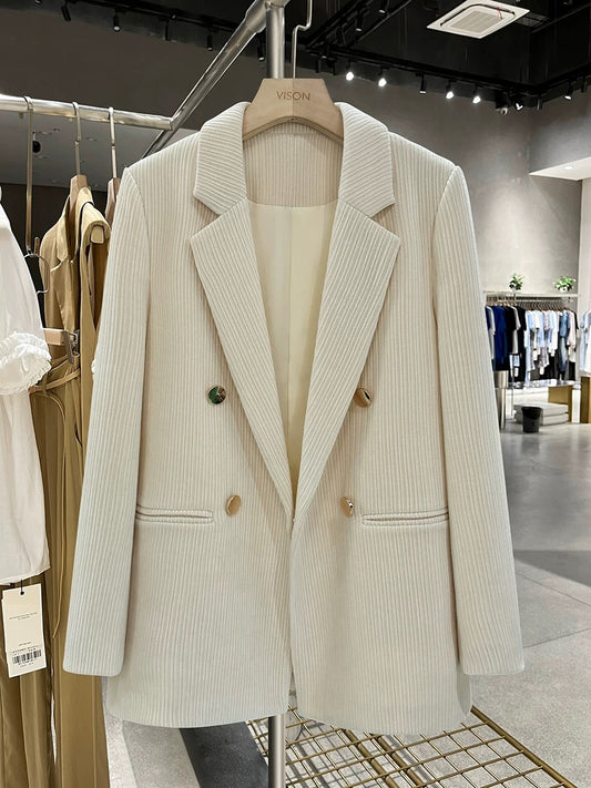 Creamy white corduroy suit jacket for women 2024 new autumn and winter British style high-end casual professional suit