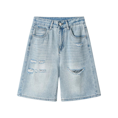XinmonLee nostalgic retro ripped jeans summer Hong Kong style casual high waist slim all-match shorts women