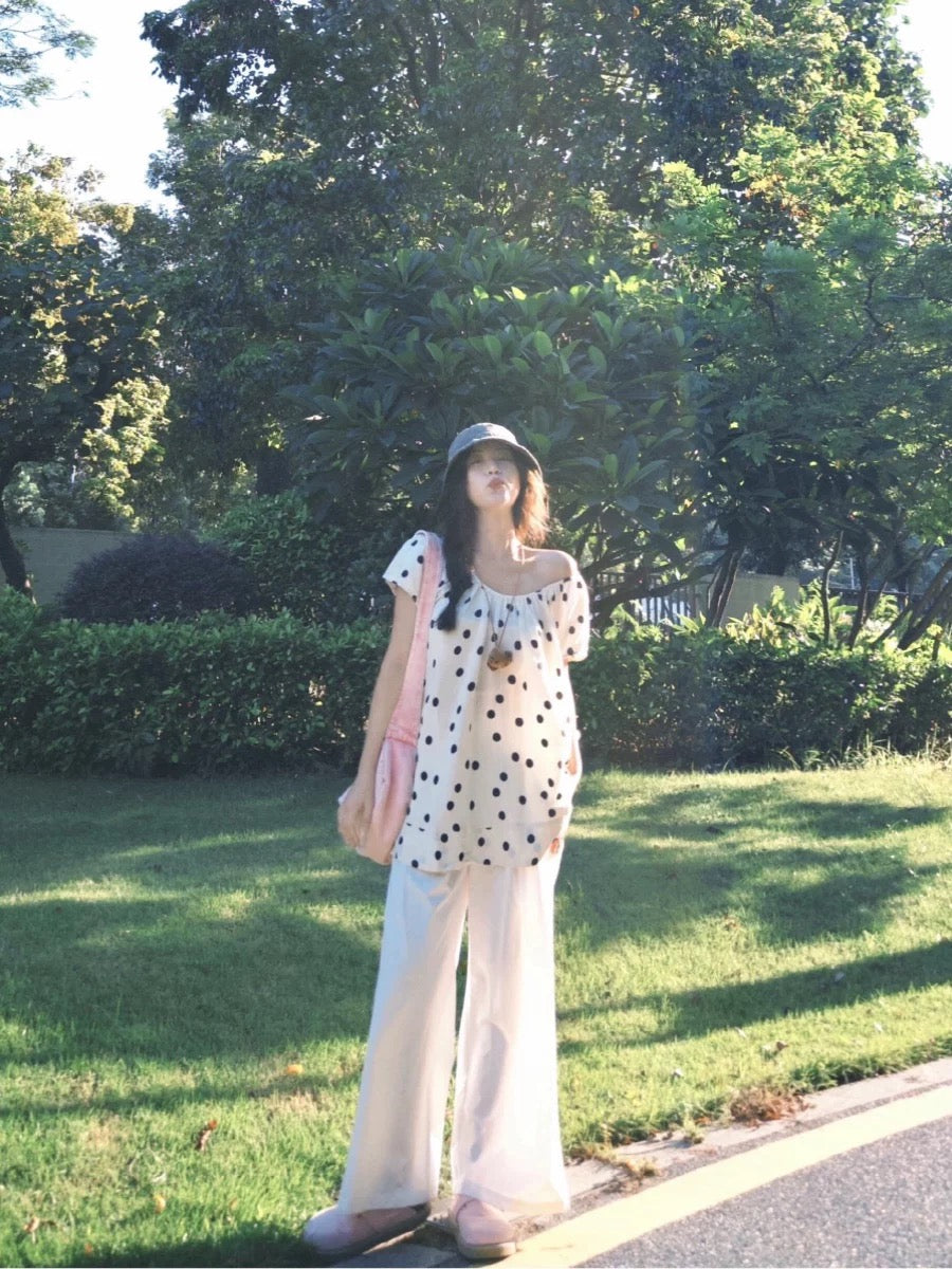 Salt style two-piece suit with stylish design and niche polka dot sleeveless vest top small shirt wide leg pants for summer women