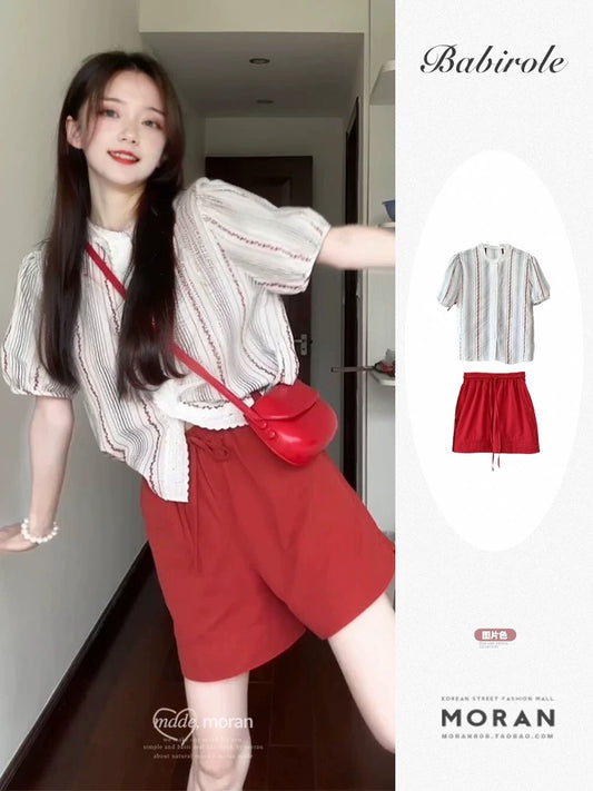Retro sweet casual suit for women in summer, small and tall, fashionable floral bubble repair shirt and shorts two-piece suit