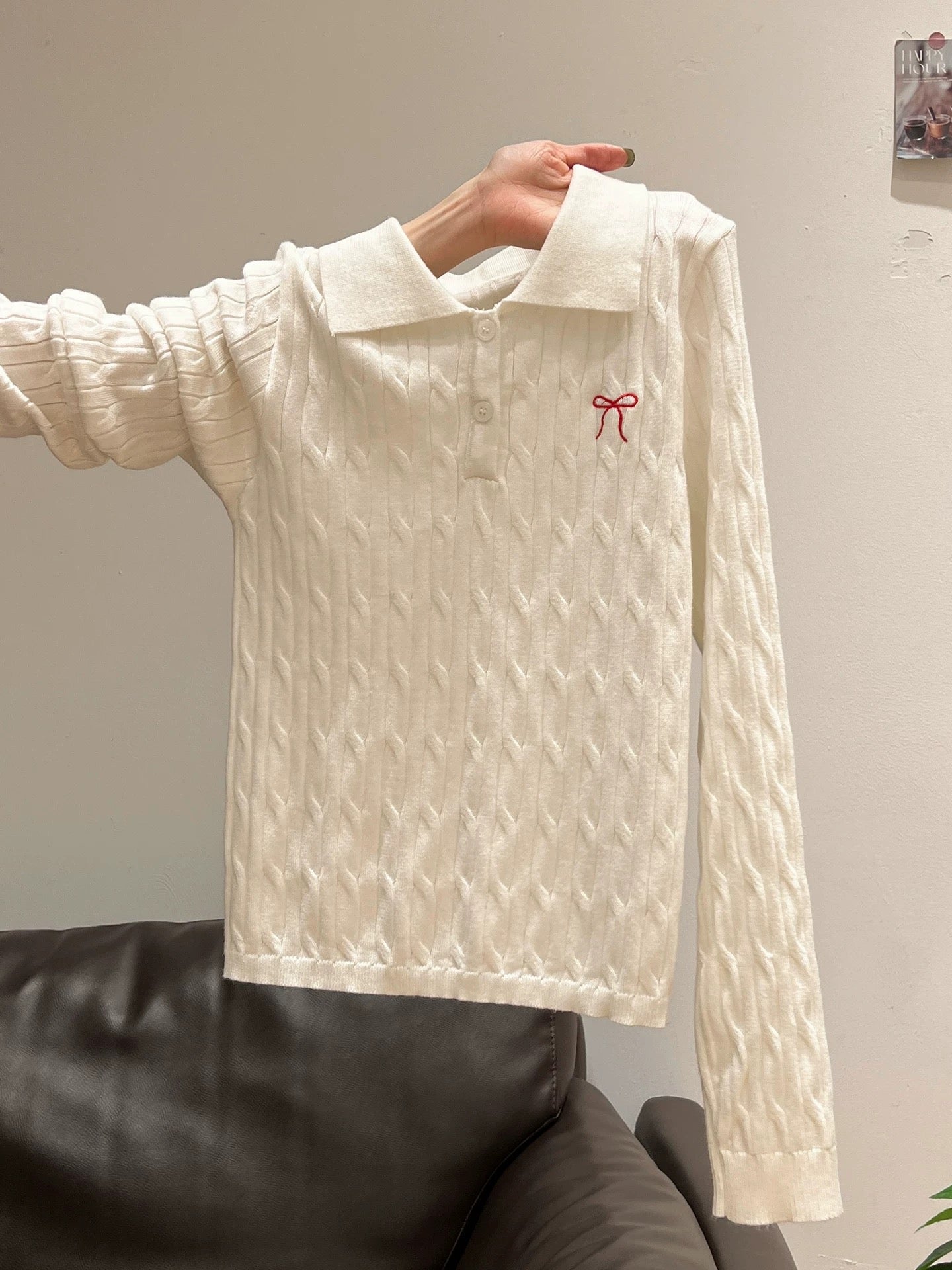 White polo collar bow embroidered long-sleeved sweater for women 2025 early autumn new button design inner top