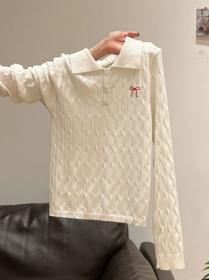 White polo collar bow embroidered long-sleeved sweater for women 2025 early autumn new button design inner top