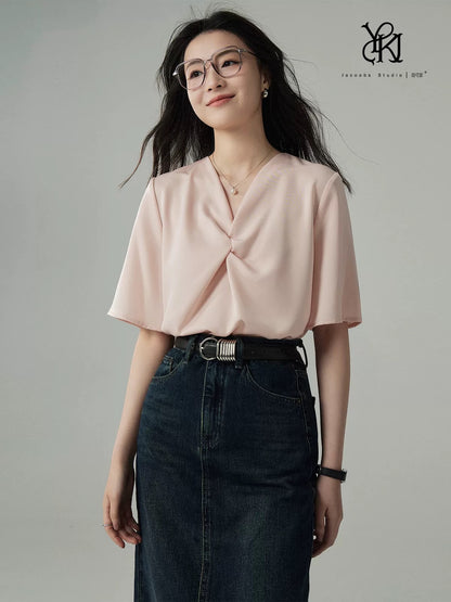 JACOOBS apricot satin T-shirt for women in summer, short sleeves, design, twisted, versatile, small size, loose V-neck, Hong Kong style