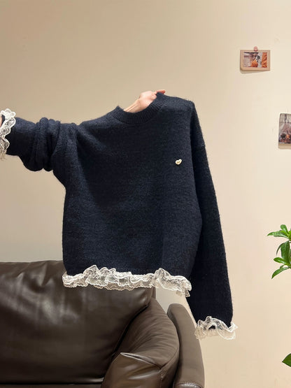 Korean style hem lace thick sweater women's jacket 2025 autumn and winter lazy style design long-sleeved knitted sweater top