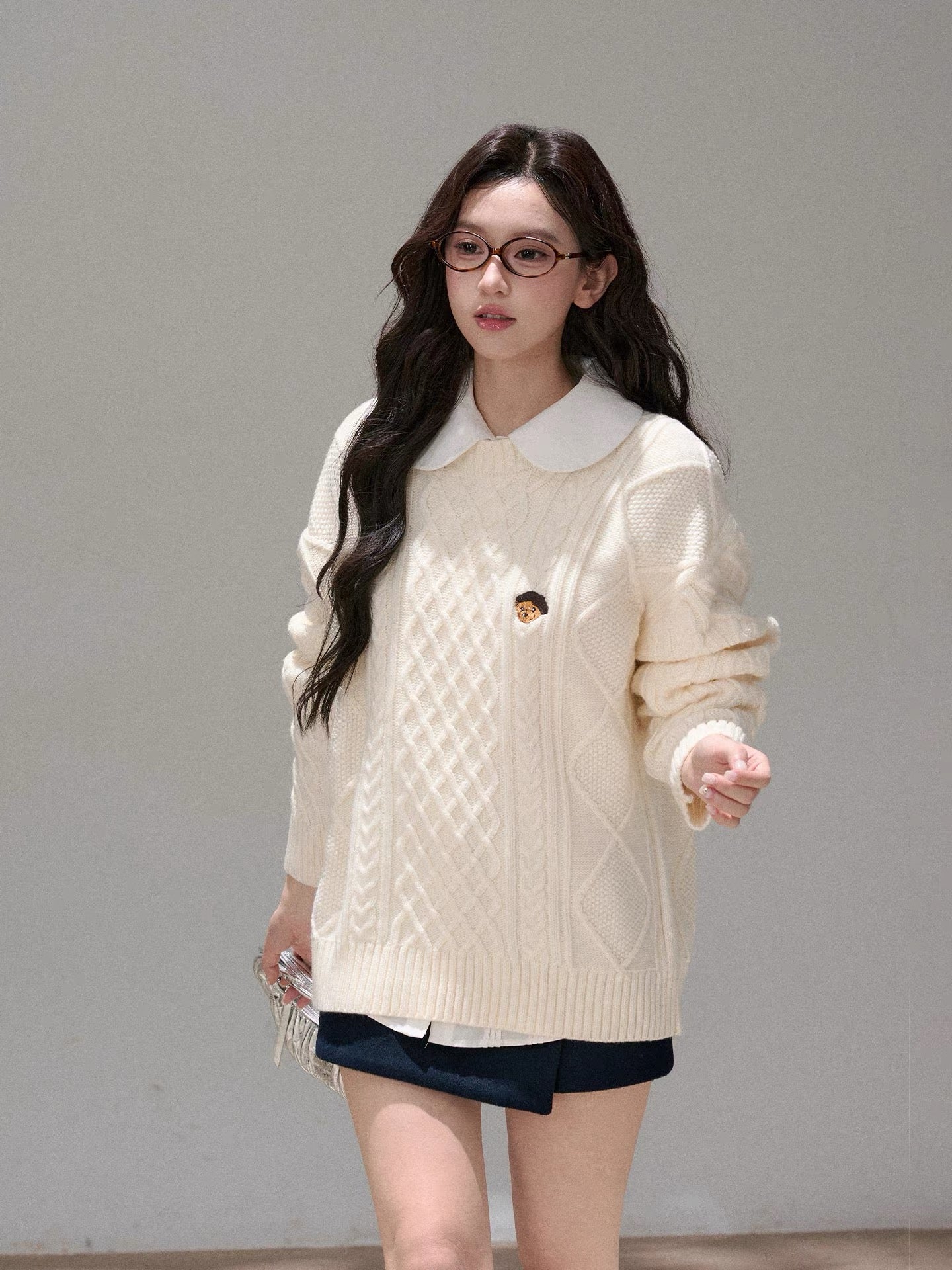 OIOI ESSE｜Retro Casual Round Neck Cable Knit Sweater for Women, Spring Sweater Top