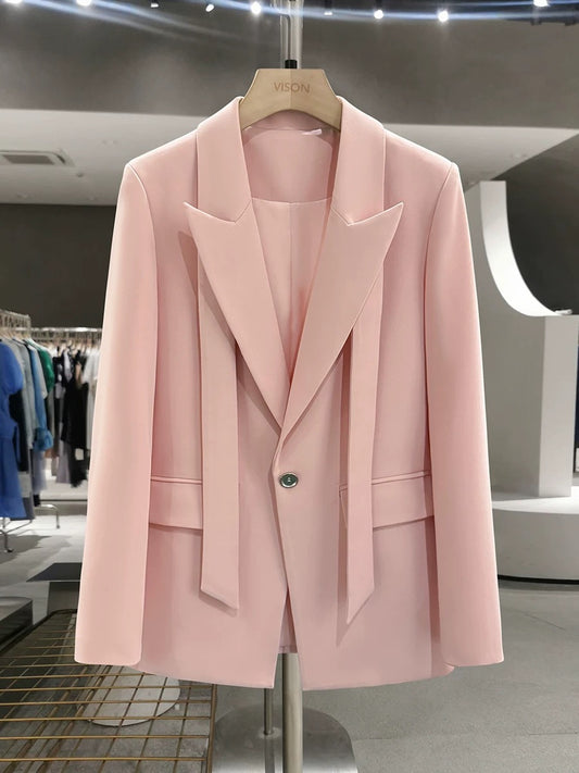 Pink unique and exquisite ribbon suit jacket for women 2025 new spring and autumn light mature style goddess style workplace suit