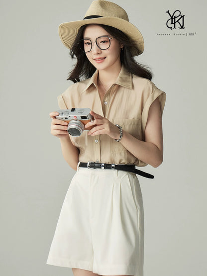 JACOOBS [Summer Ice Oxygen] High-grade acetate shirt female retro Hong Kong style loose short-sleeved top