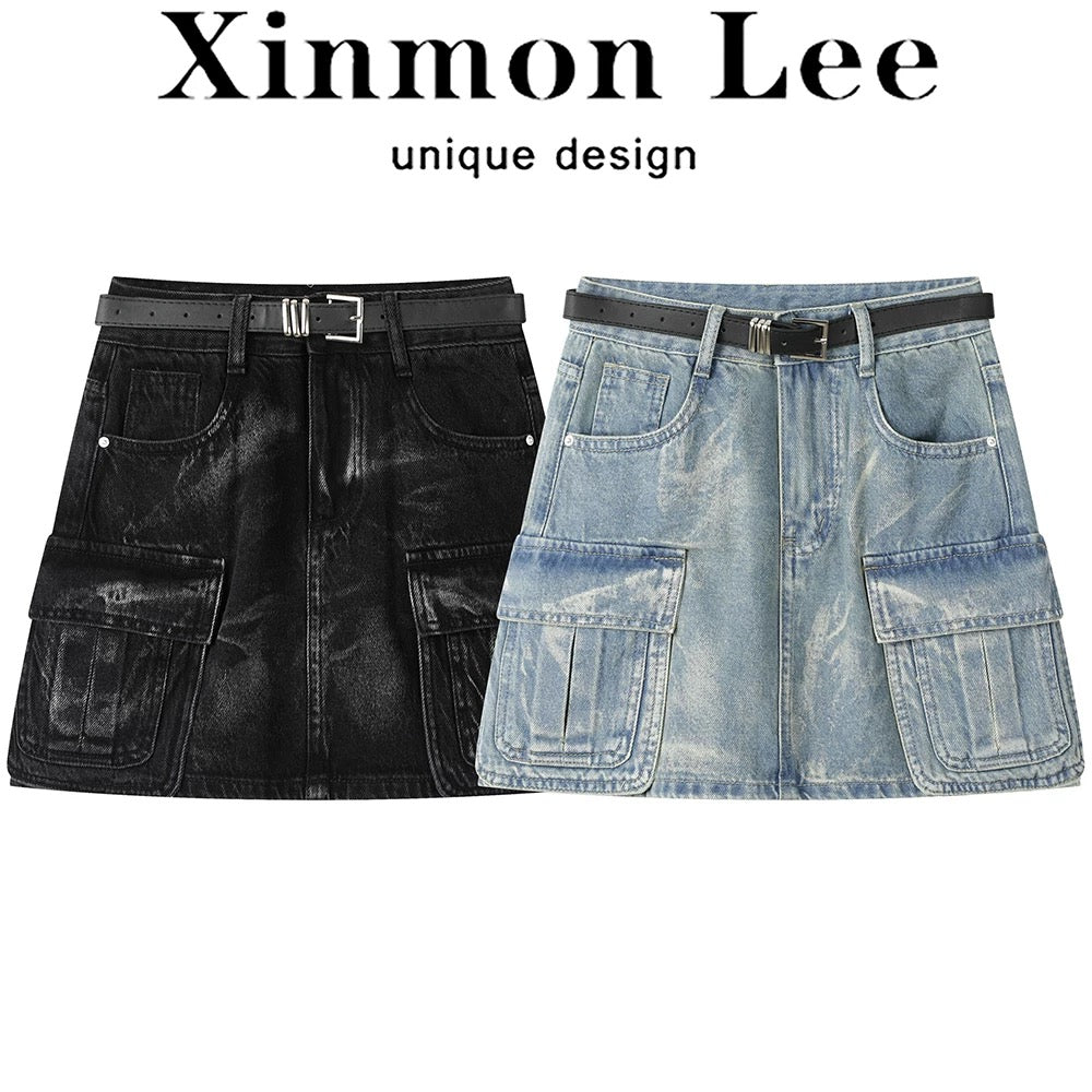 XinmonLee high waist temperament tie-dyed denim skirt summer sweet and spicy hip-wrapped slim female A-line workwear short skirt